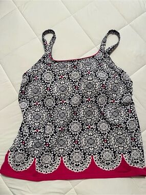 Women’s Black & White Printed Tankini with Pink Trim